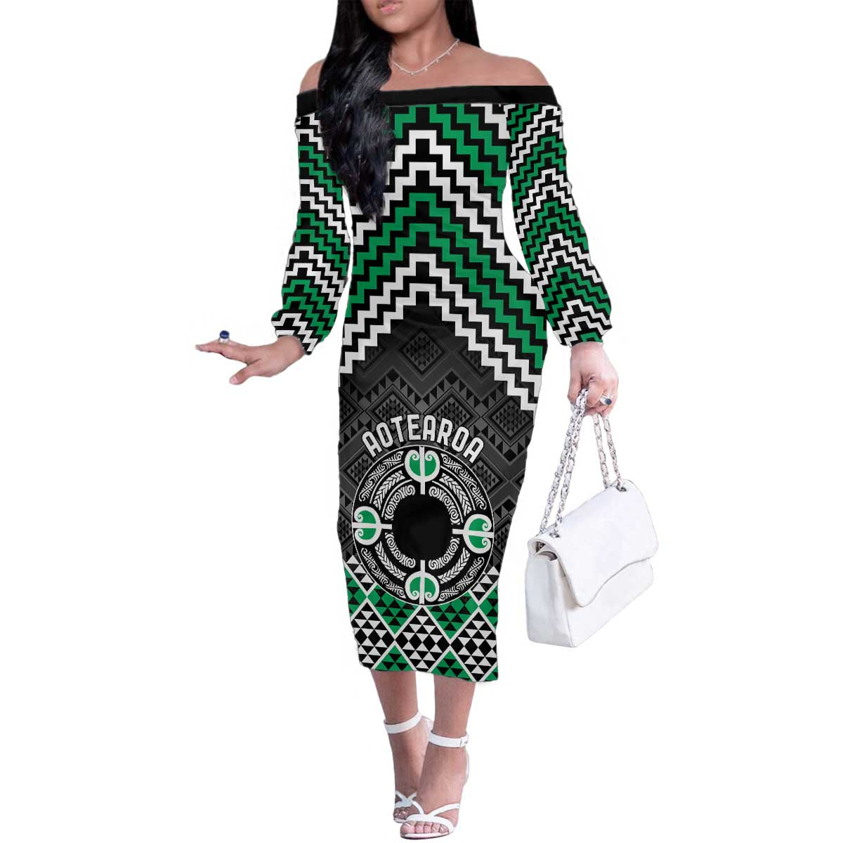 Personalised Aotearoa Niho Taniwha Motif Family Matching Off The Shoulder Long Sleeve Dress and Hawaiian Shirt Green Style