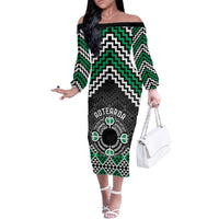 Personalised Aotearoa Niho Taniwha Motif Family Matching Off The Shoulder Long Sleeve Dress and Hawaiian Shirt Green Style