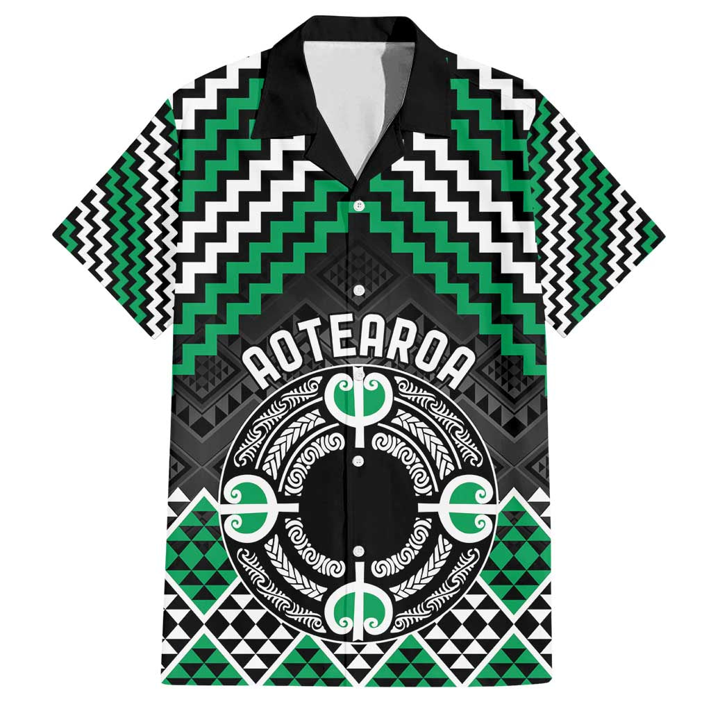 Personalised Aotearoa Niho Taniwha Motif Family Matching Puletasi and Hawaiian Shirt Green Style