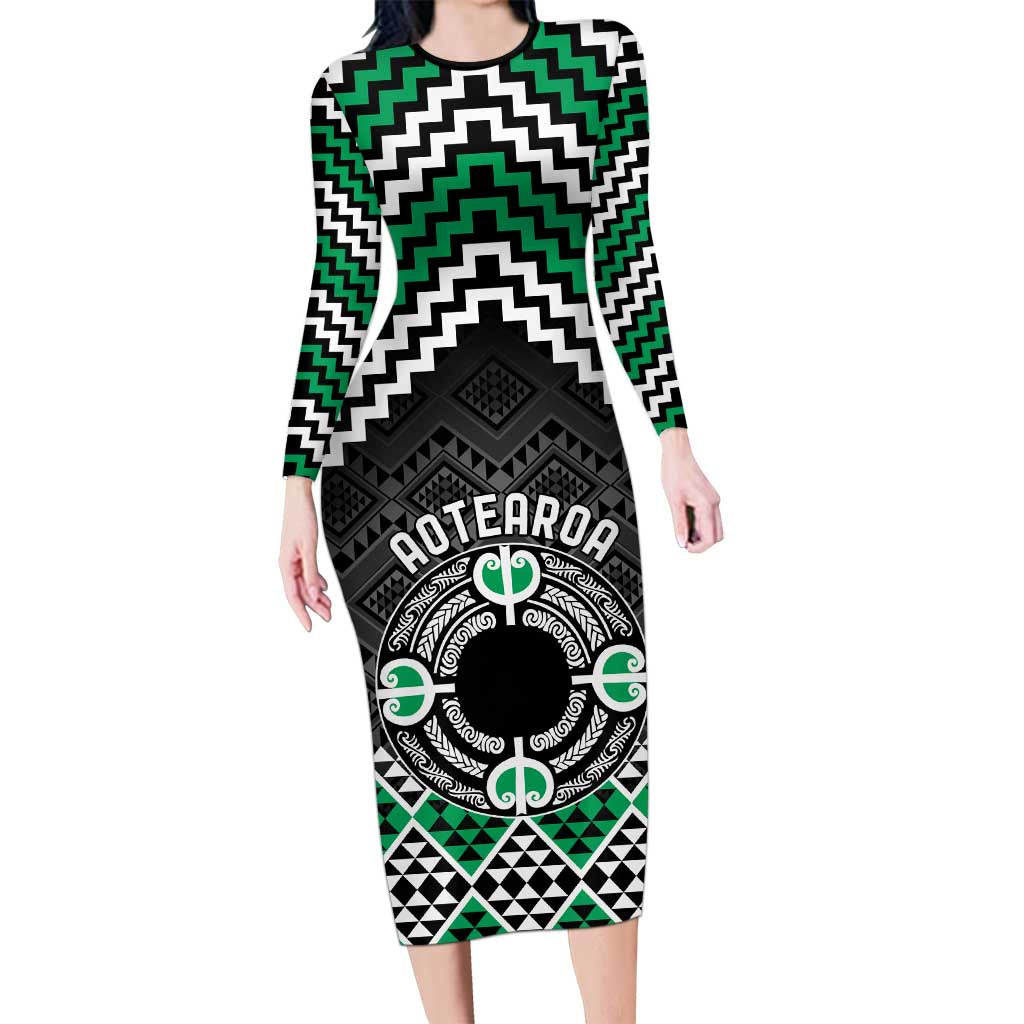 Personalised Aotearoa Niho Taniwha Motif Long Sleeve Bodycon Dress Green Style