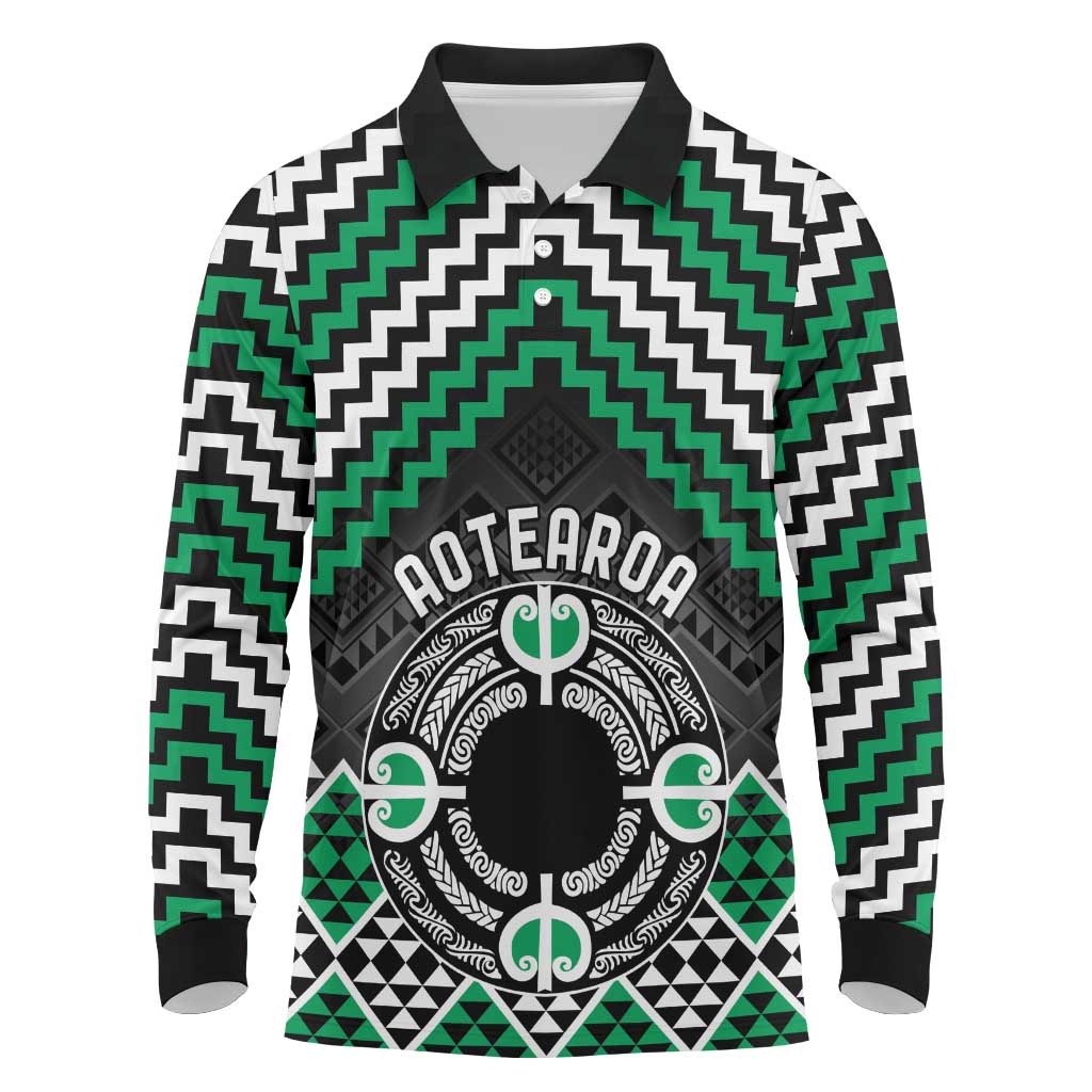 Personalised Aotearoa Niho Taniwha Motif Long Sleeve Polo Shirt Green Style LT9 Green - Polynesian Pride