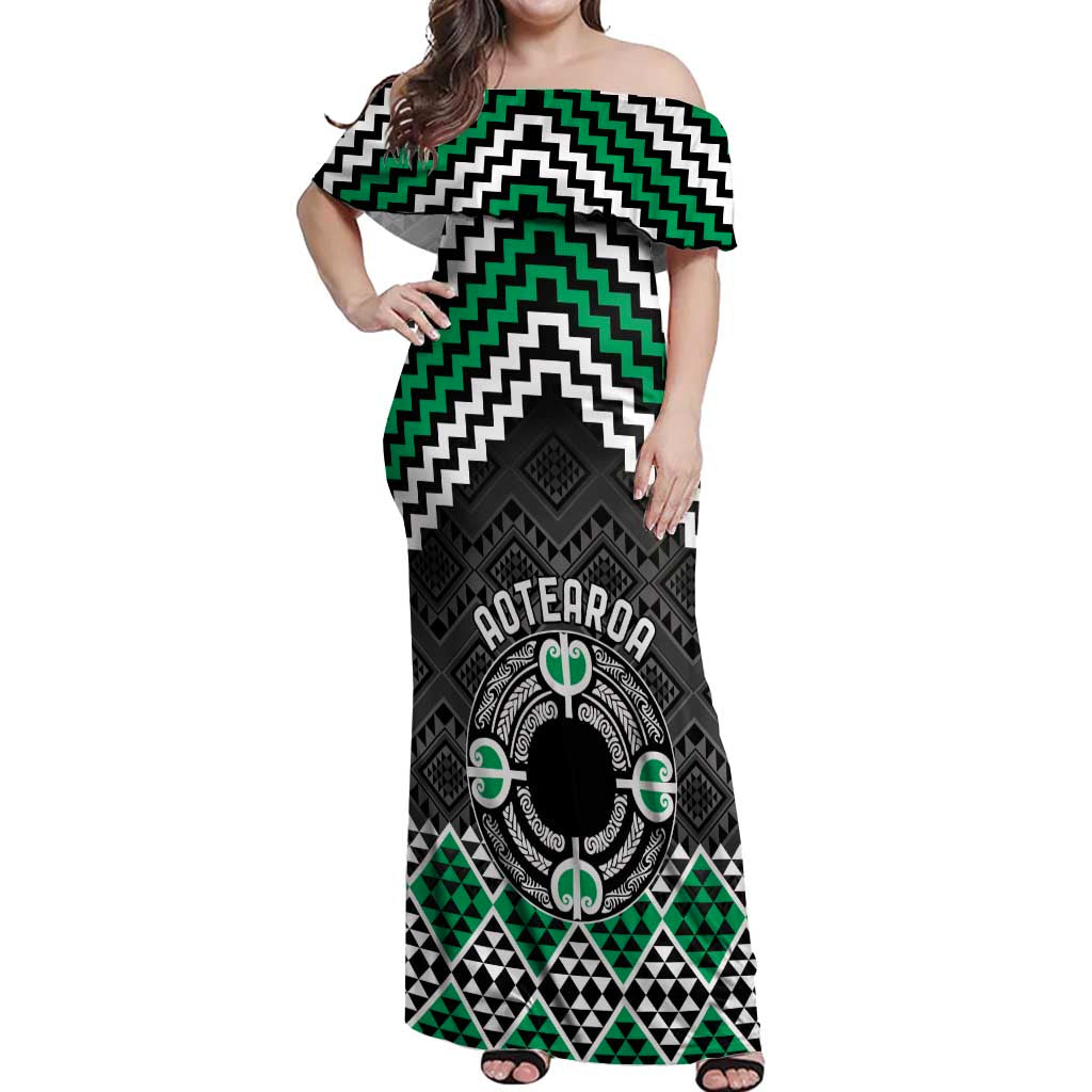 Personalised Aotearoa Niho Taniwha Motif Off Shoulder Maxi Dress Green Style
