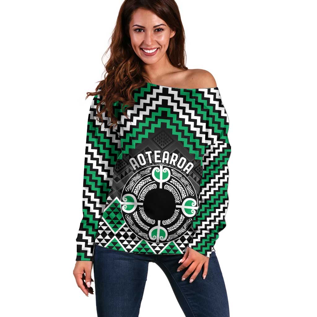 Personalised Aotearoa Niho Taniwha Motif Off Shoulder Sweater Green Style