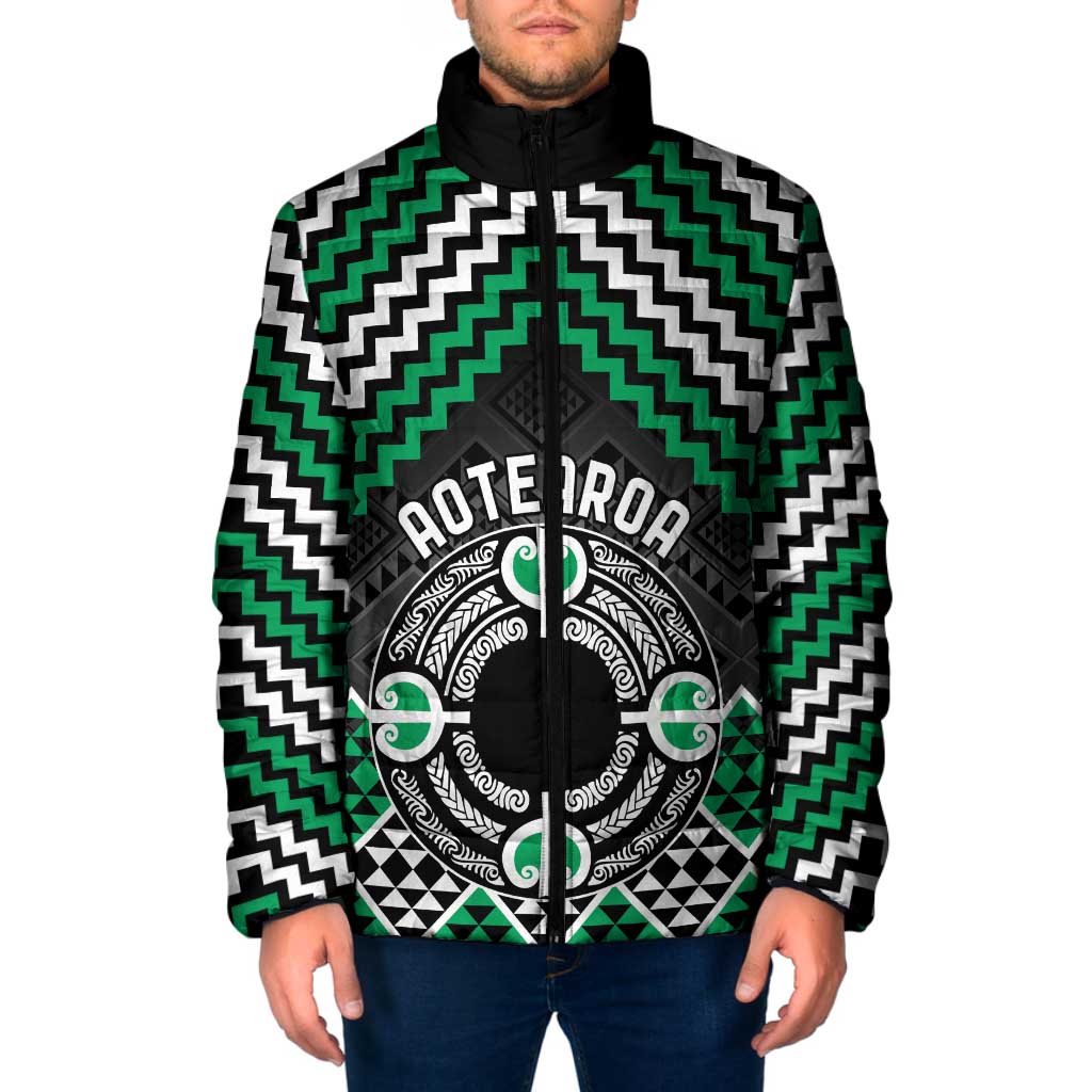 Personalised Aotearoa Niho Taniwha Motif Padded Jacket Green Style - Polynesian Pride