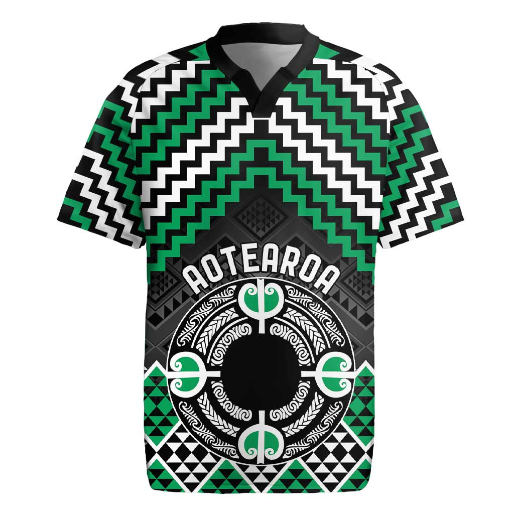 Personalised Aotearoa Niho Taniwha Motif Rugby Jersey Green Style
