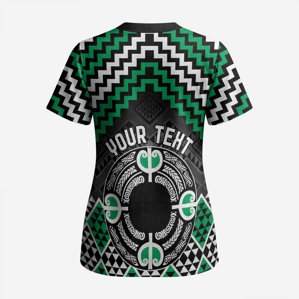 Personalised Aotearoa Niho Taniwha Motif Scrub Top Green Style - Polynesian Pride