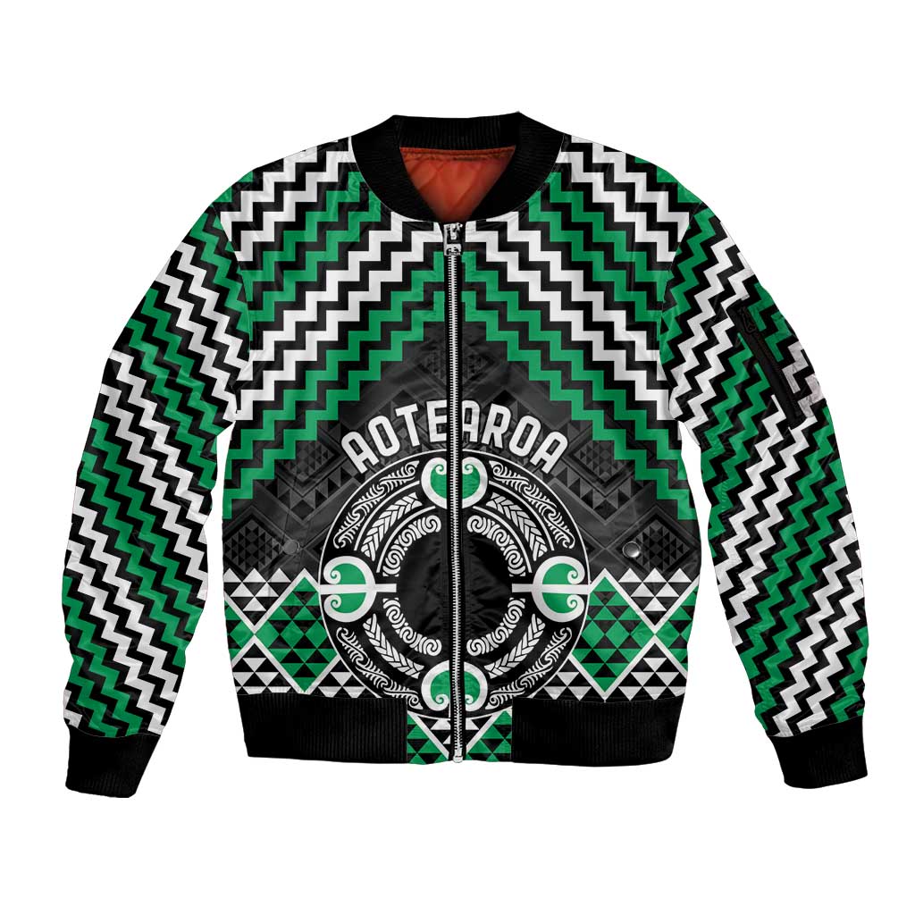 Personalised Aotearoa Niho Taniwha Motif Sleeve Zip Bomber Jacket Green Style