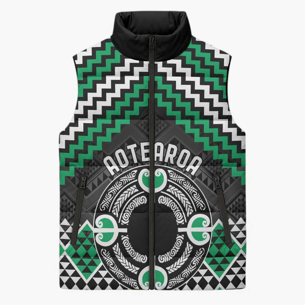 Personalised Aotearoa Niho Taniwha Motif Sleeveless Puffer Jacket Green Style - Polynesian Pride