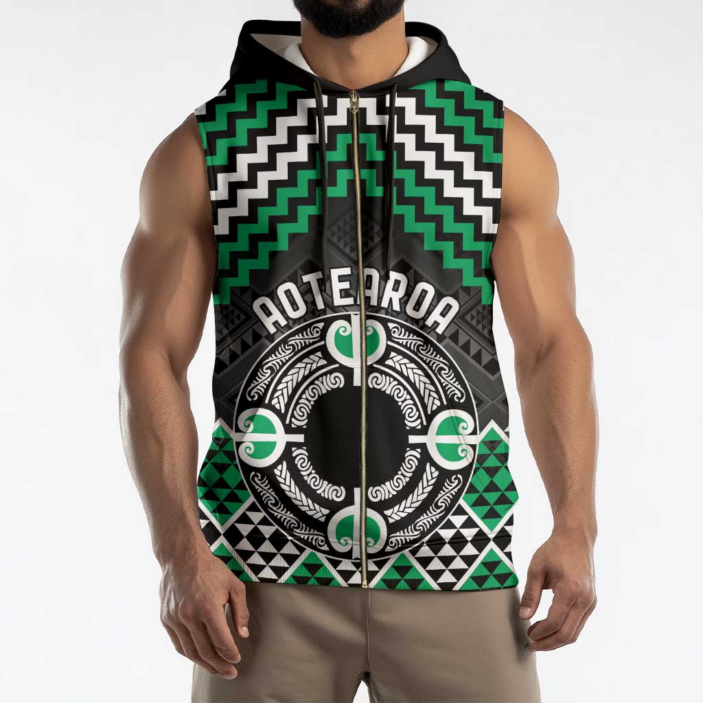 Personalised Aotearoa Niho Taniwha Motif Sleeveless Zip Hoodie Green Style - Polynesian Pride