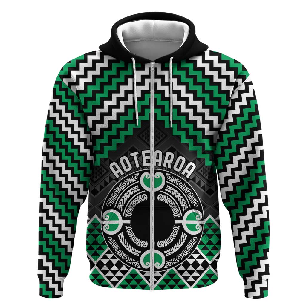 Personalised Aotearoa Niho Taniwha Motif Zip Hoodie Green Style