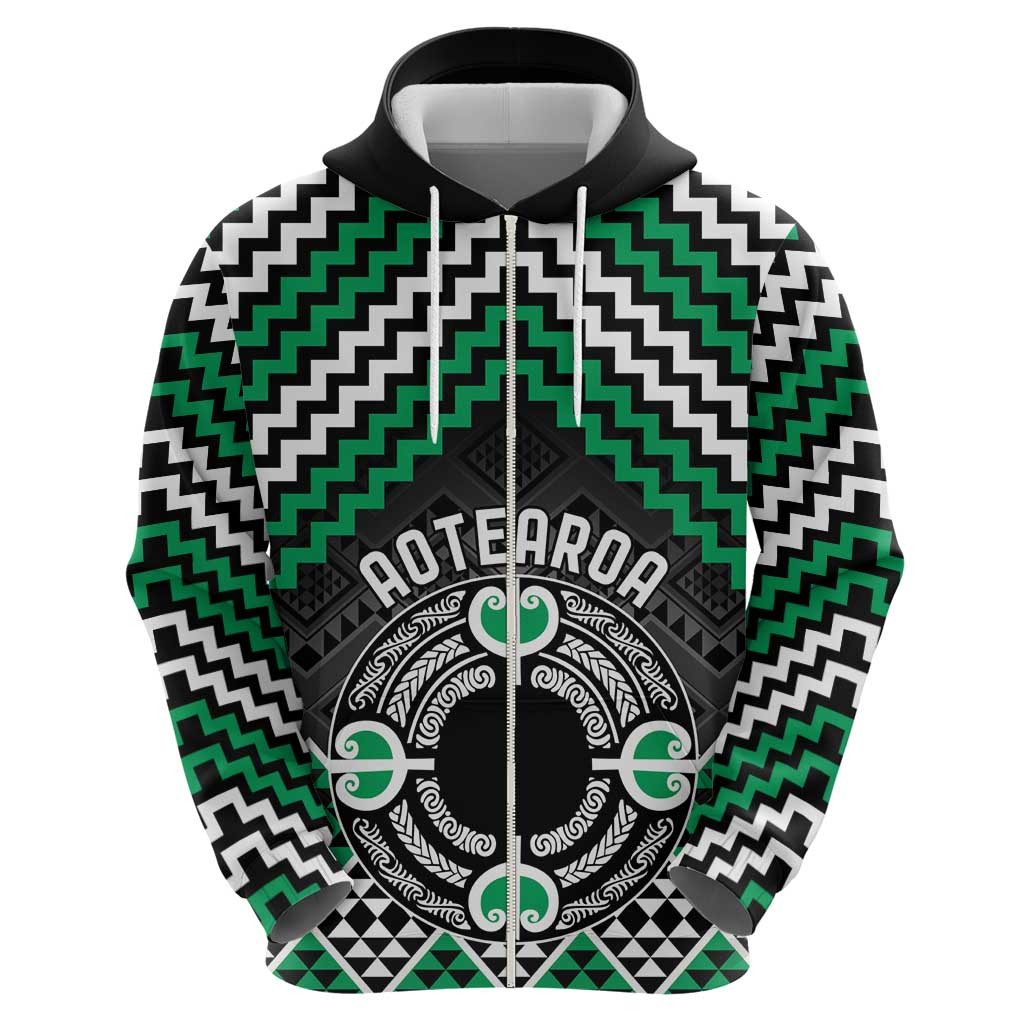 Personalised Aotearoa Niho Taniwha Motif Zip Hoodie Green Style