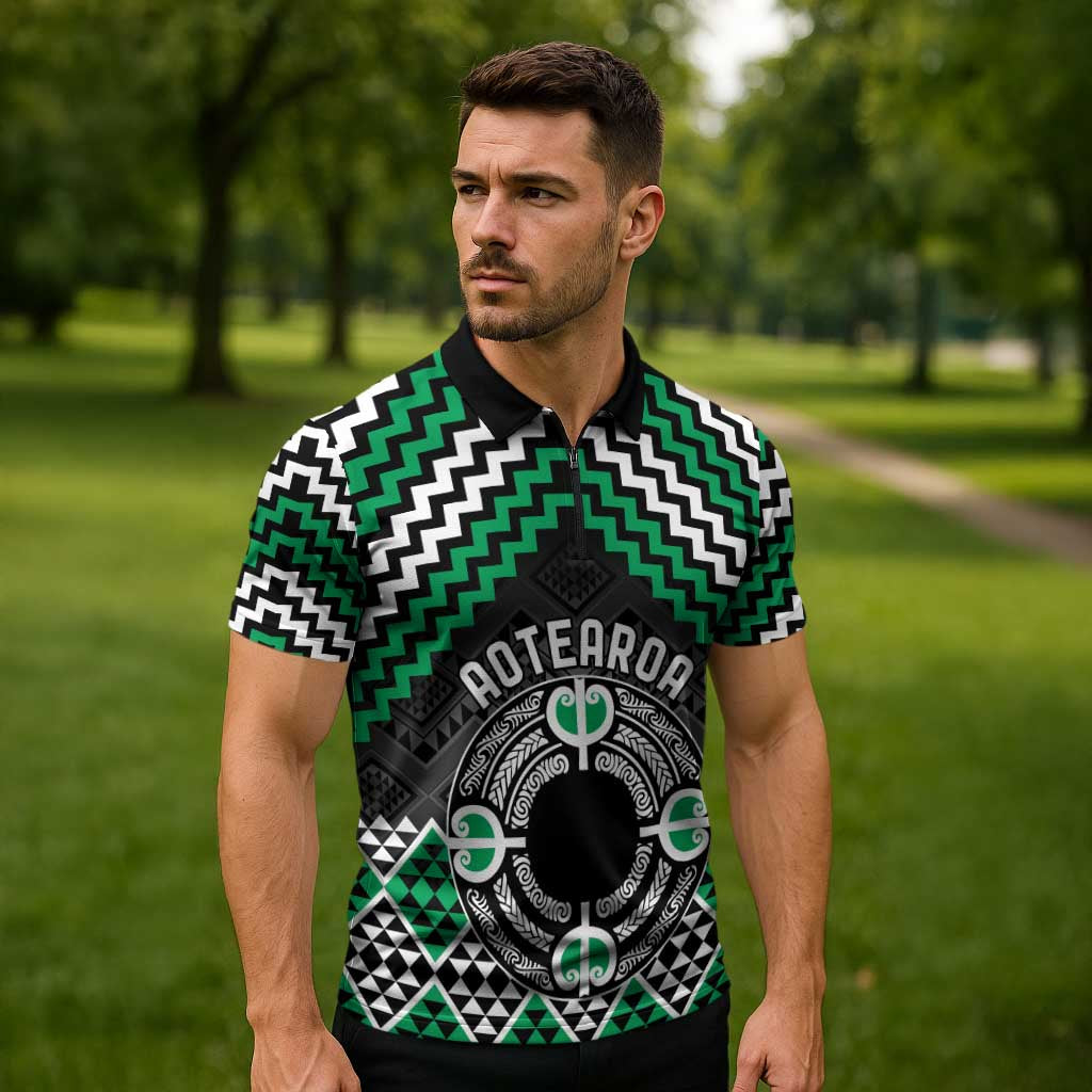 Personalised Aotearoa Niho Taniwha Motif Zipper Polo Shirt Green Style - Polynesian Pride