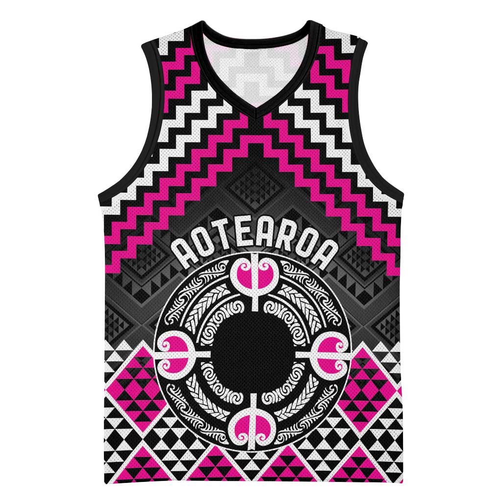 Personalised Aotearoa Niho Taniwha Motif Basketball Jersey Pink Style - Polynesian Pride