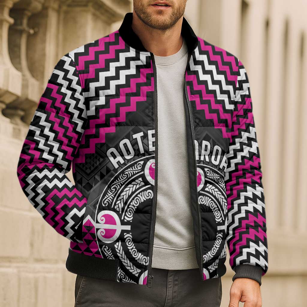 Personalised Aotearoa Niho Taniwha Motif Bomber Puffer Jacket Pink Style - Polynesian Pride