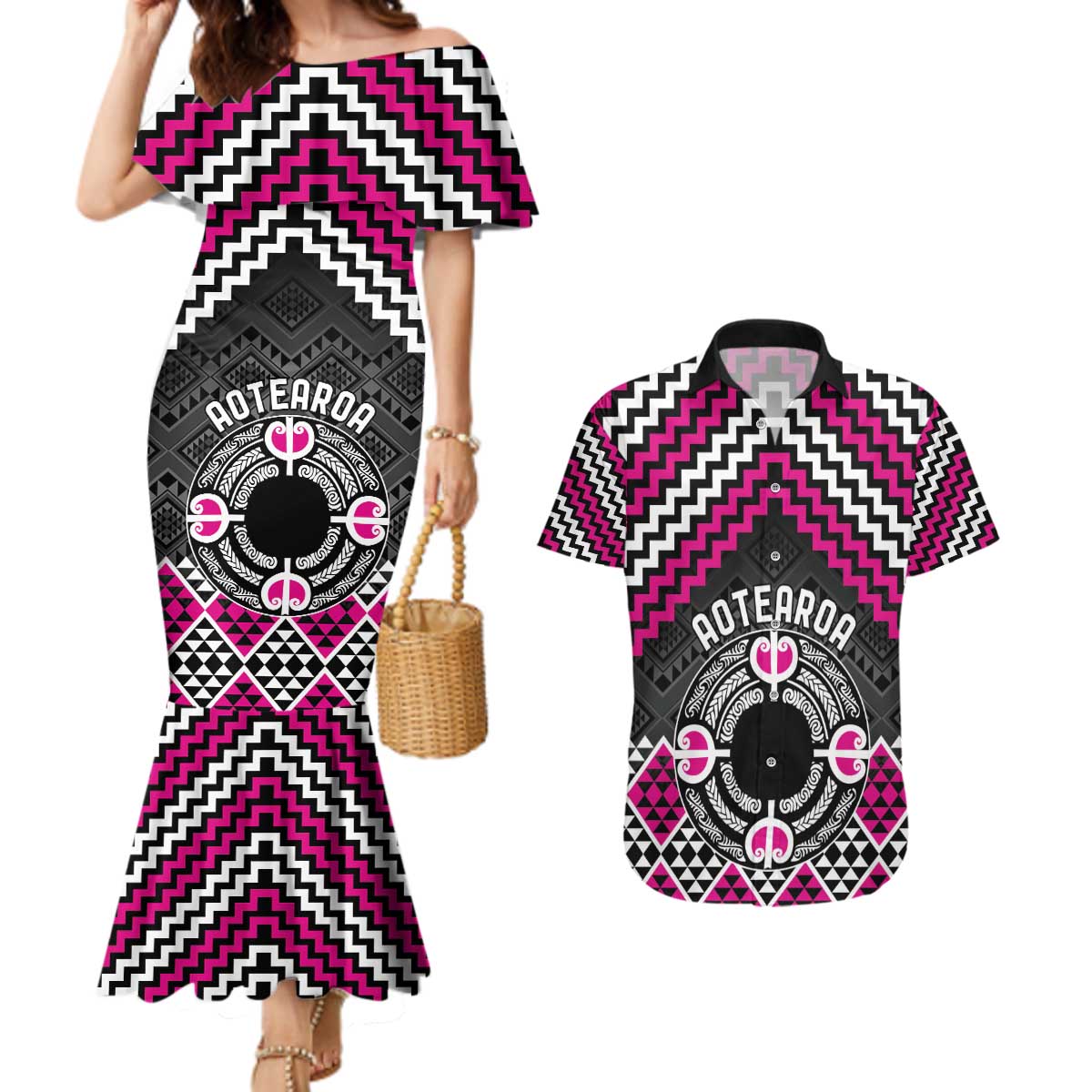 Personalised Aotearoa Niho Taniwha Motif Couples Matching Mermaid Dress and Hawaiian Shirt Pink Style