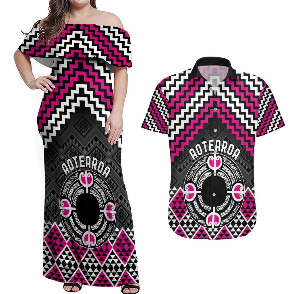 Personalised Aotearoa Niho Taniwha Motif Couples Matching Off Shoulder Maxi Dress and Hawaiian Shirt Pink Style