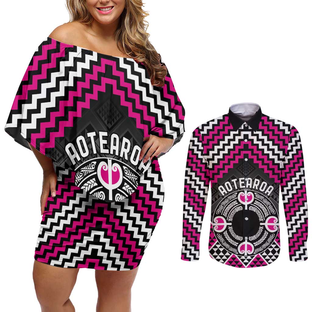 Personalised Aotearoa Niho Taniwha Motif Couples Matching Off Shoulder Short Dress and Long Sleeve Button Shirt Pink Style LT9 Pink - Polynesian Pride