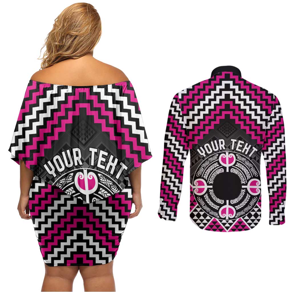 Personalised Aotearoa Niho Taniwha Motif Couples Matching Off Shoulder Short Dress and Long Sleeve Button Shirt Pink Style LT9 - Polynesian Pride