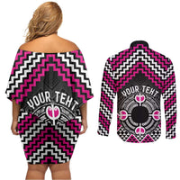 Personalised Aotearoa Niho Taniwha Motif Couples Matching Off Shoulder Short Dress and Long Sleeve Button Shirt Pink Style LT9 - Polynesian Pride