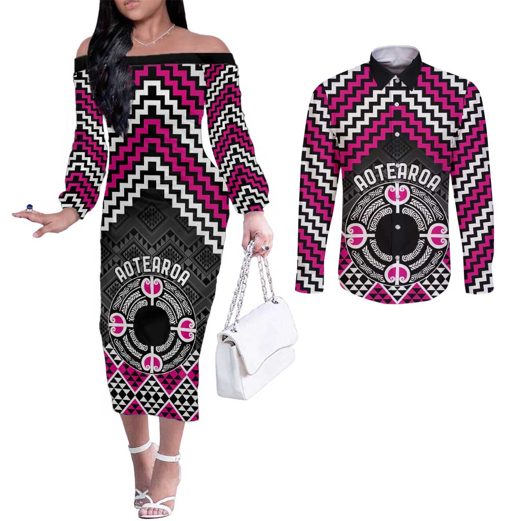 Personalised Aotearoa Niho Taniwha Motif Couples Matching Off The Shoulder Long Sleeve Dress and Long Sleeve Button Shirt Pink Style
