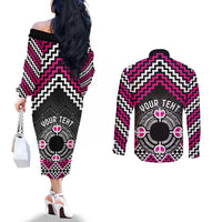Personalised Aotearoa Niho Taniwha Motif Couples Matching Off The Shoulder Long Sleeve Dress and Long Sleeve Button Shirt Pink Style