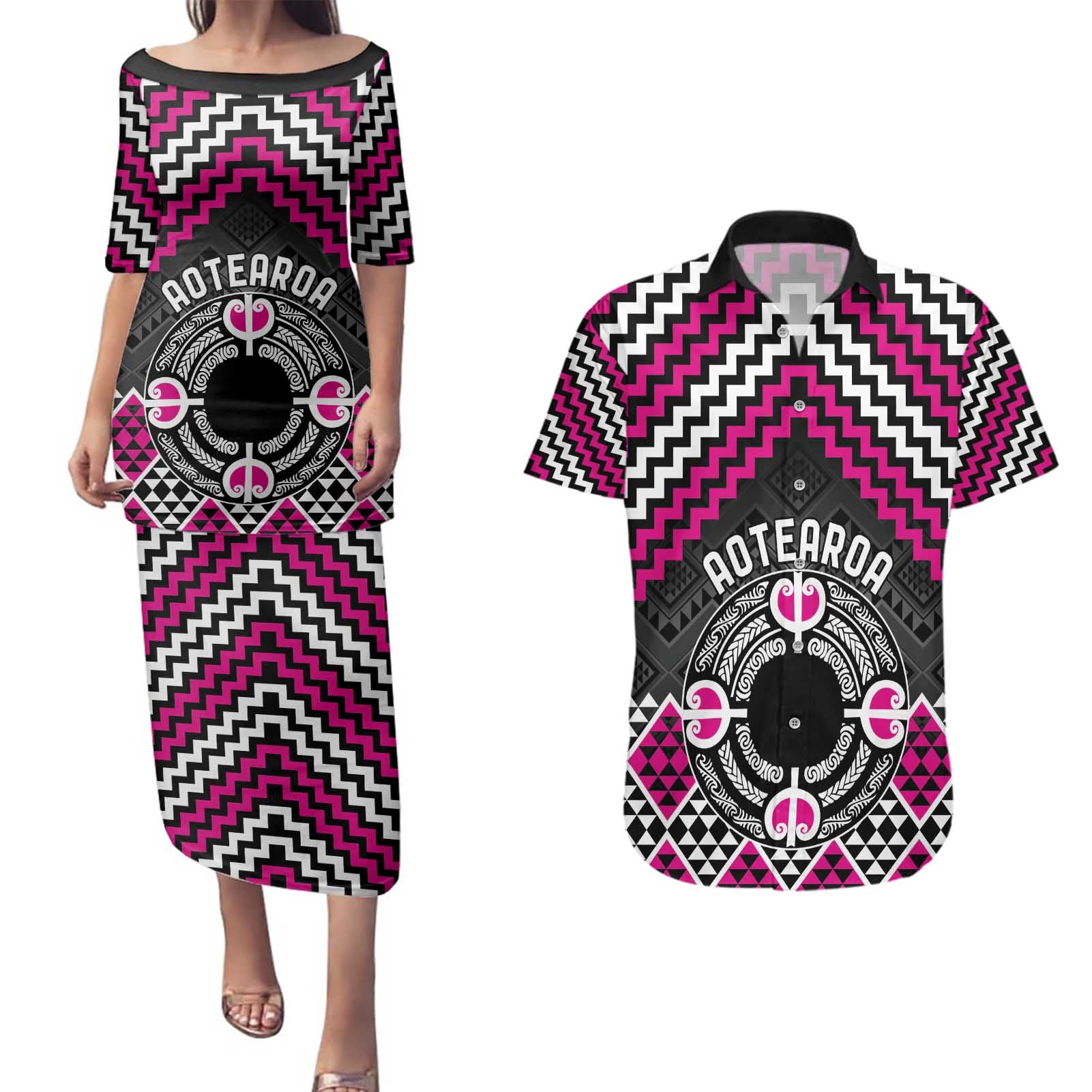 Personalised Aotearoa Niho Taniwha Motif Couples Matching Puletasi and Hawaiian Shirt Pink Style
