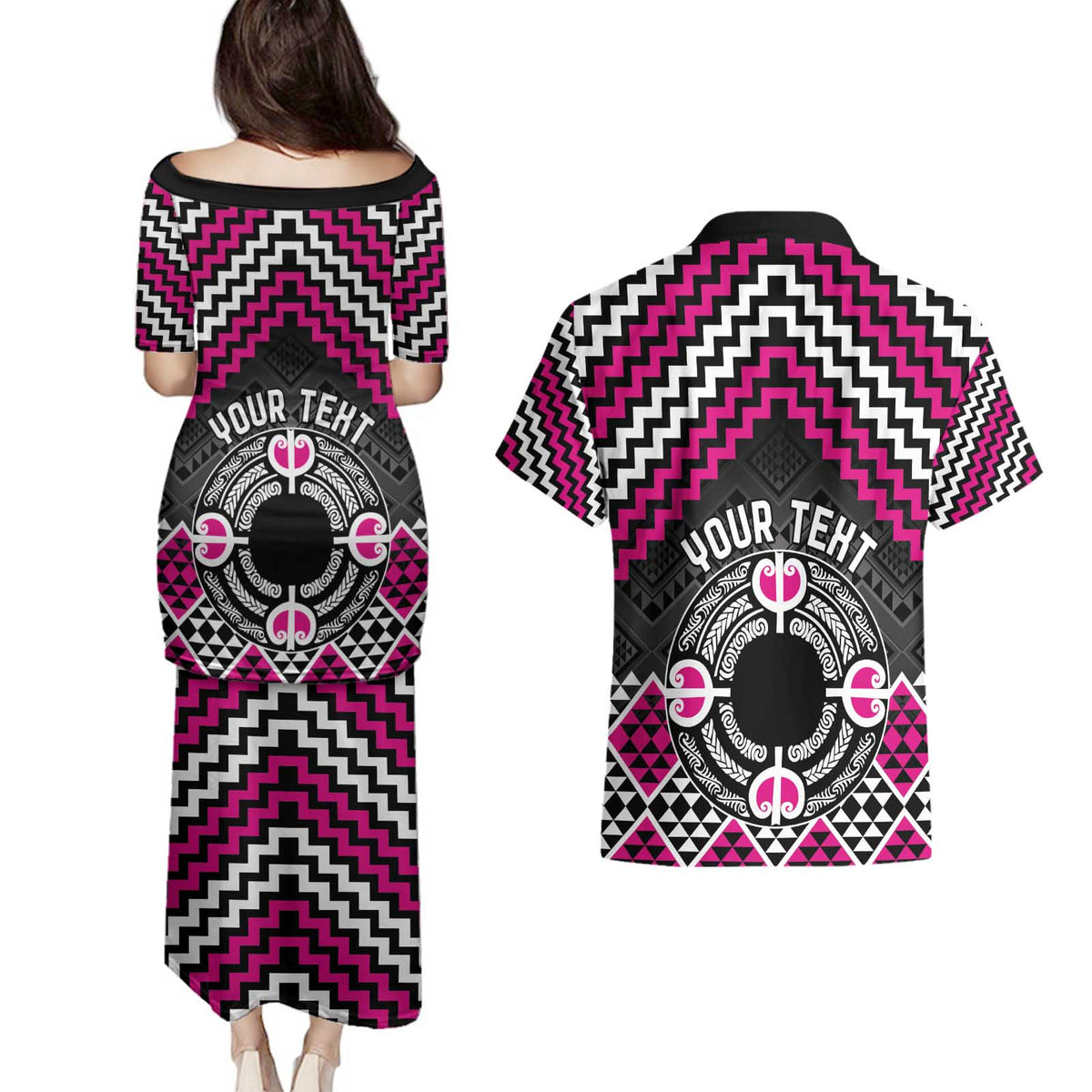 Personalised Aotearoa Niho Taniwha Motif Couples Matching Puletasi and Hawaiian Shirt Pink Style