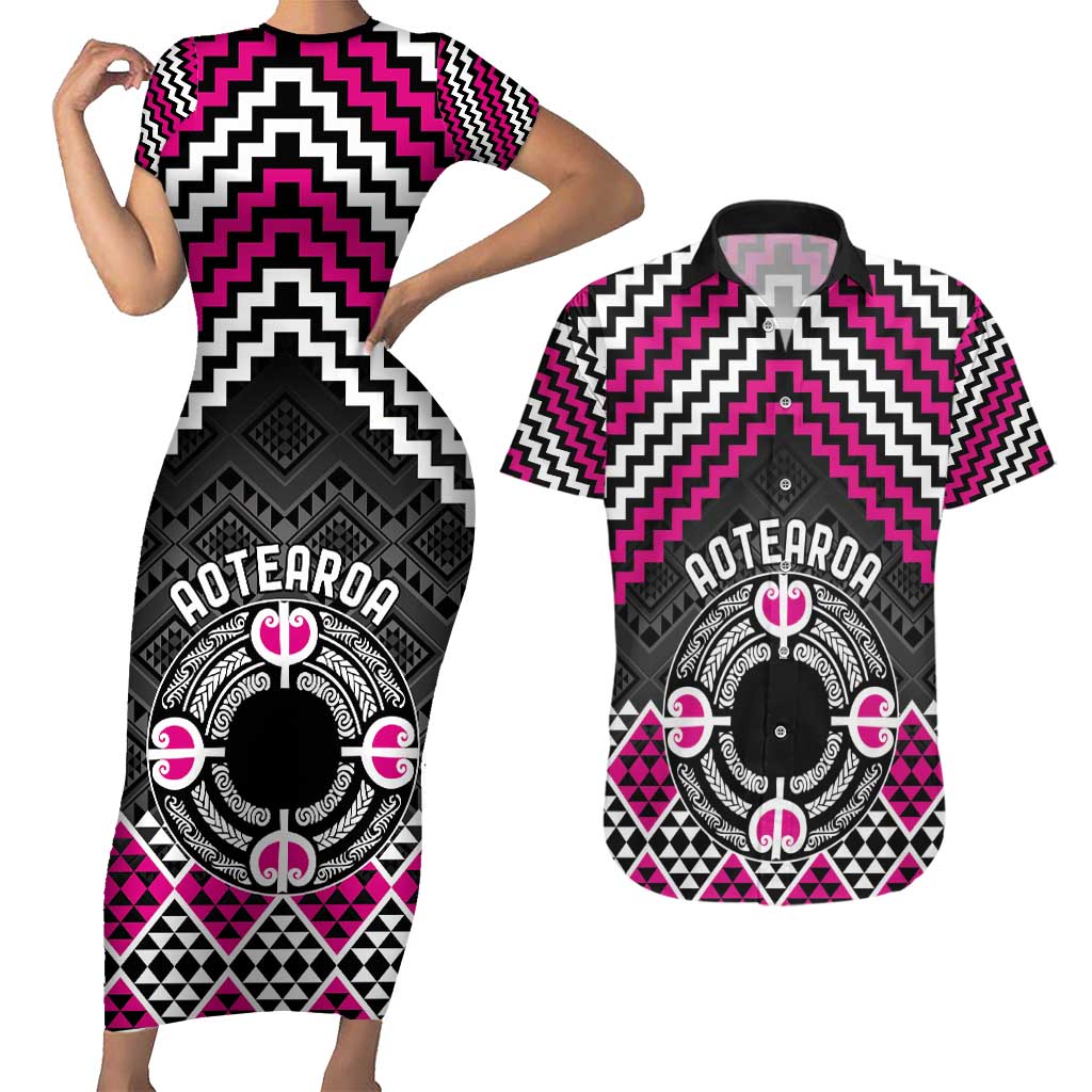 Personalised Aotearoa Niho Taniwha Motif Couples Matching Short Sleeve Bodycon Dress and Hawaiian Shirt Pink Style