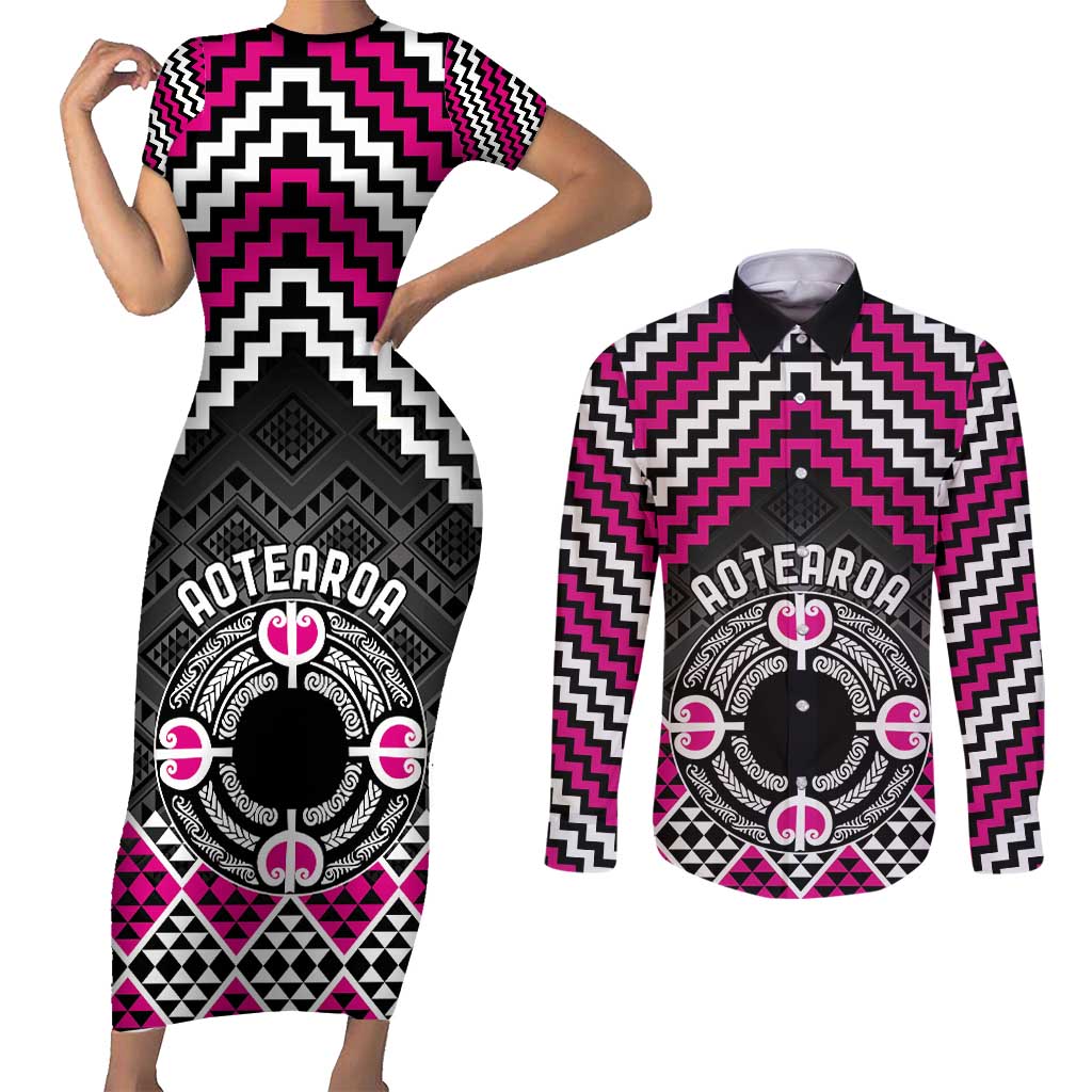 Personalised Aotearoa Niho Taniwha Motif Couples Matching Short Sleeve Bodycon Dress and Long Sleeve Button Shirt Pink Style