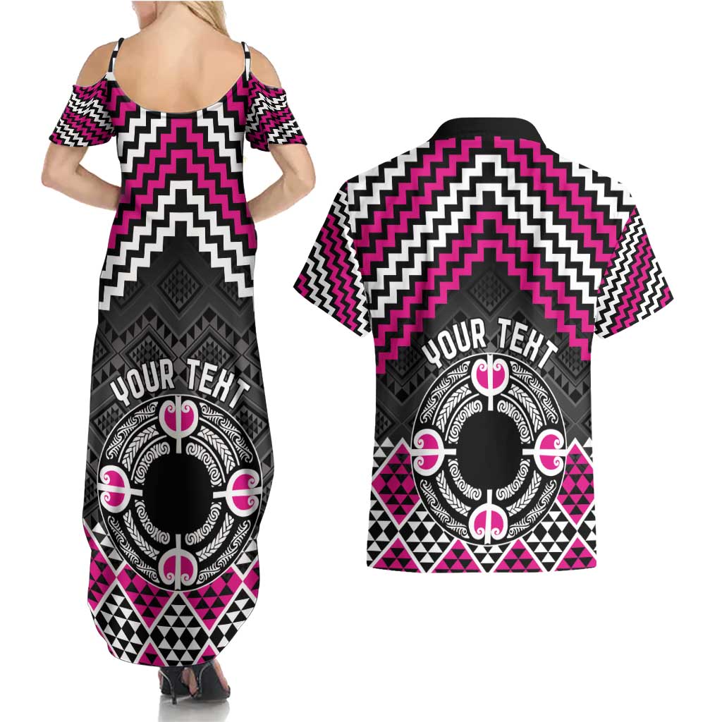 Personalised Aotearoa Niho Taniwha Motif Couples Matching Summer Maxi Dress and Hawaiian Shirt Pink Style