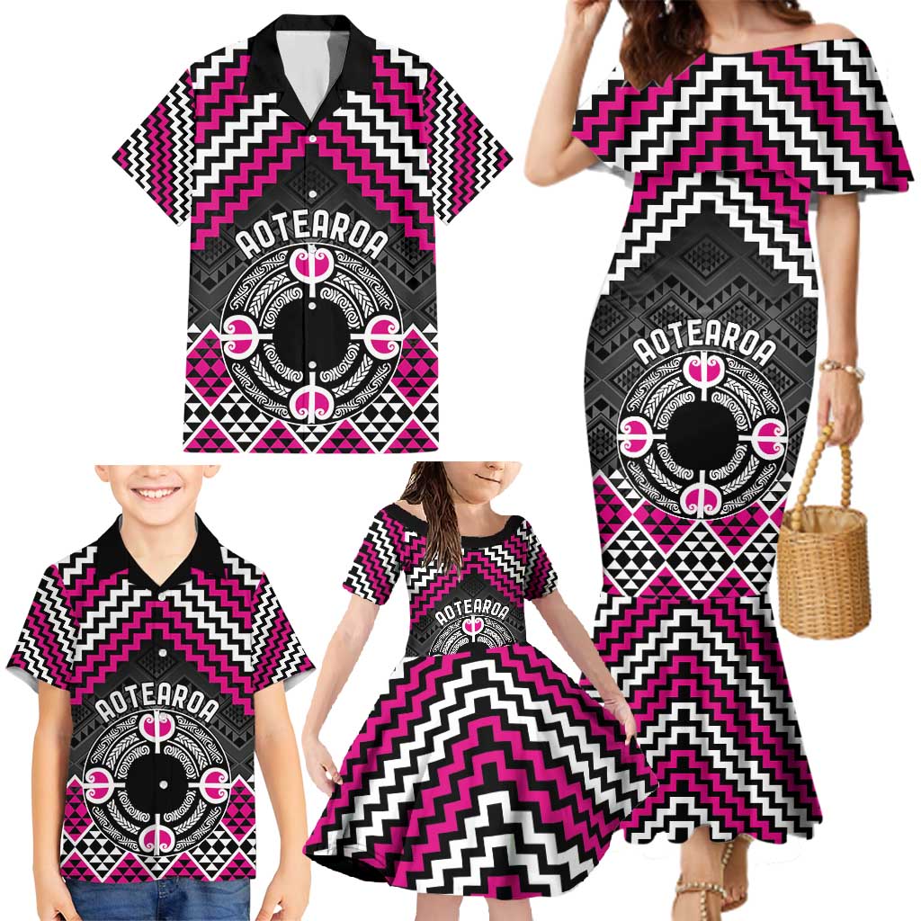 Personalised Aotearoa Niho Taniwha Motif Family Matching Mermaid Dress and Hawaiian Shirt Pink Style