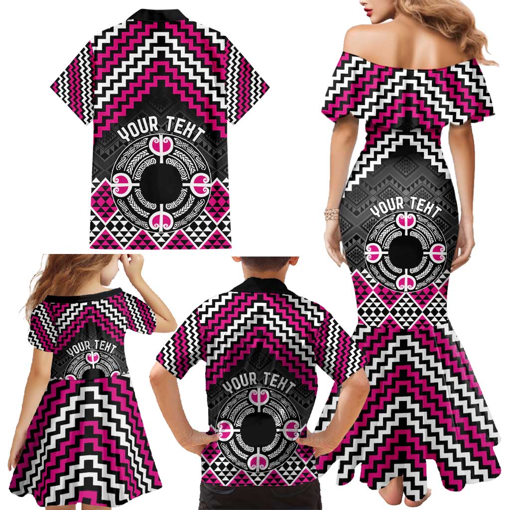 Personalised Aotearoa Niho Taniwha Motif Family Matching Mermaid Dress and Hawaiian Shirt Pink Style