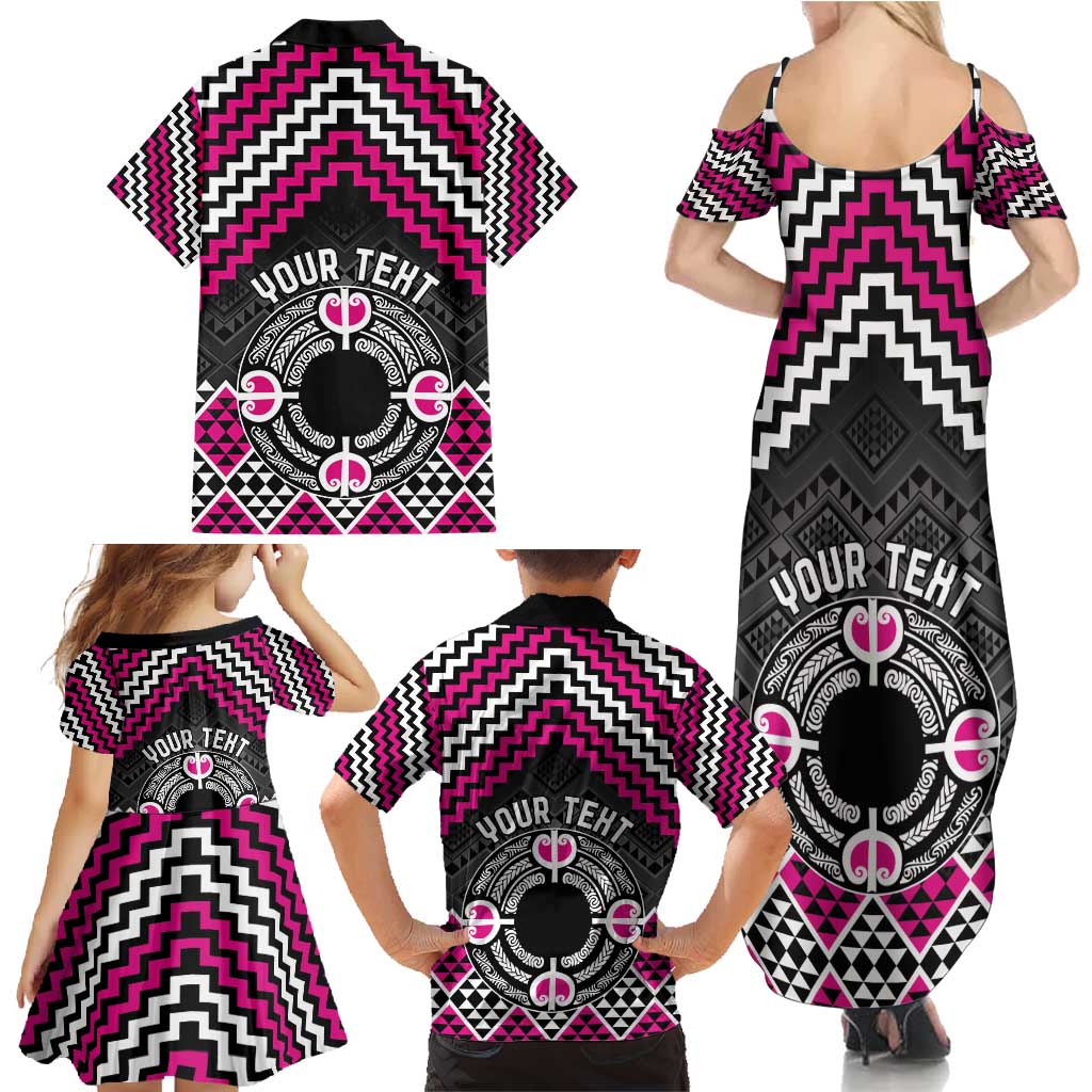 Personalised Aotearoa Niho Taniwha Motif Family Matching Summer Maxi Dress and Hawaiian Shirt Pink Style