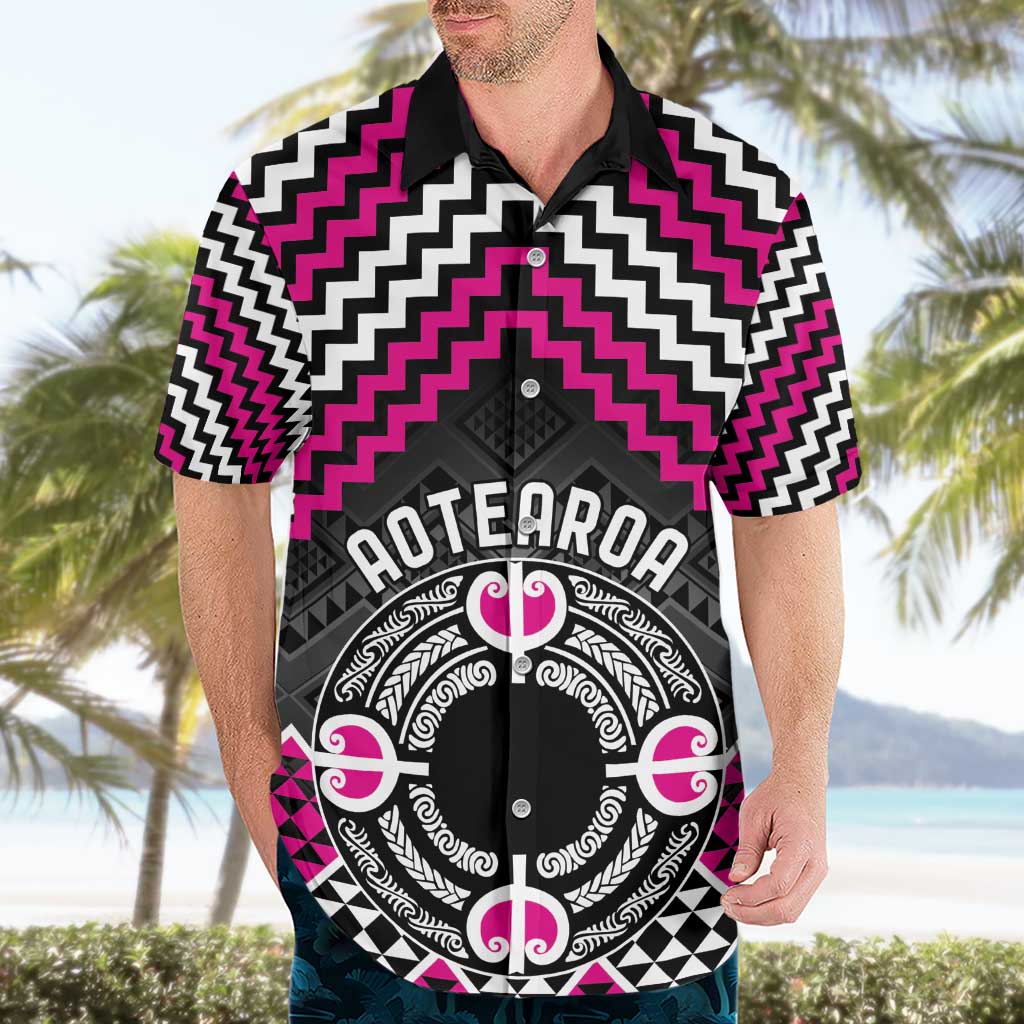 Personalised Aotearoa Niho Taniwha Motif Hawaiian Shirt Pink Style