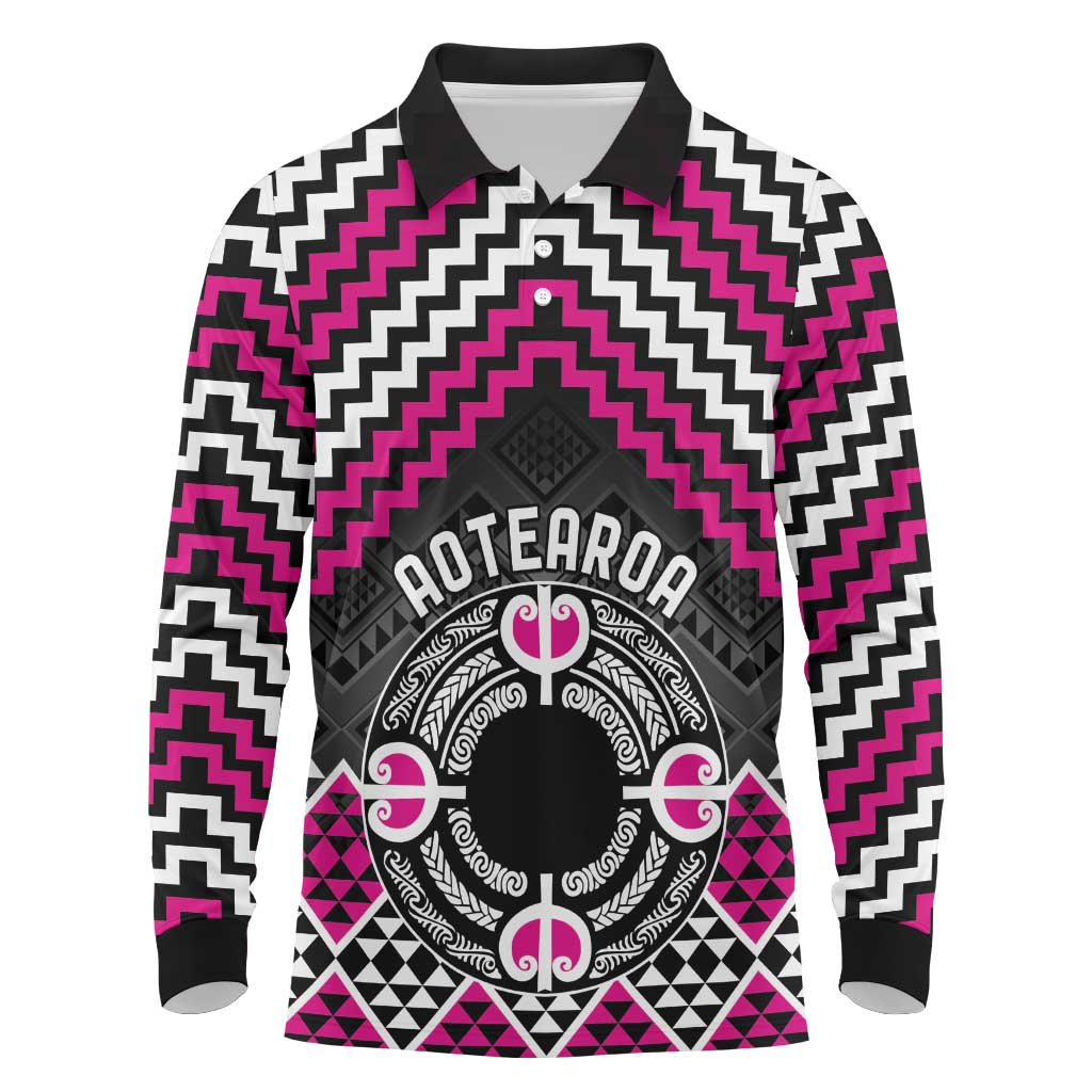 Personalised Aotearoa Niho Taniwha Motif Long Sleeve Polo Shirt Pink Style LT9 Pink - Polynesian Pride