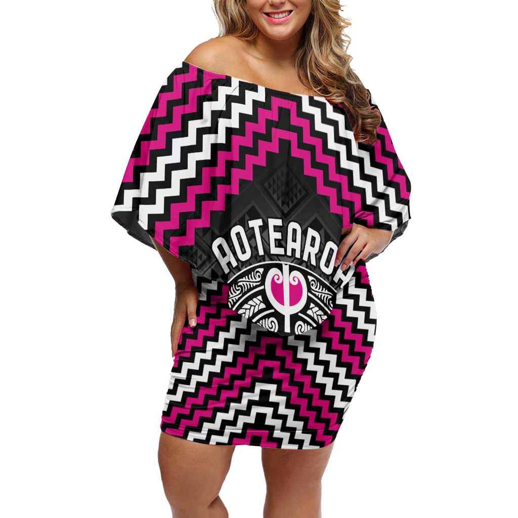 Personalised Aotearoa Niho Taniwha Motif Off Shoulder Short Dress Pink Style