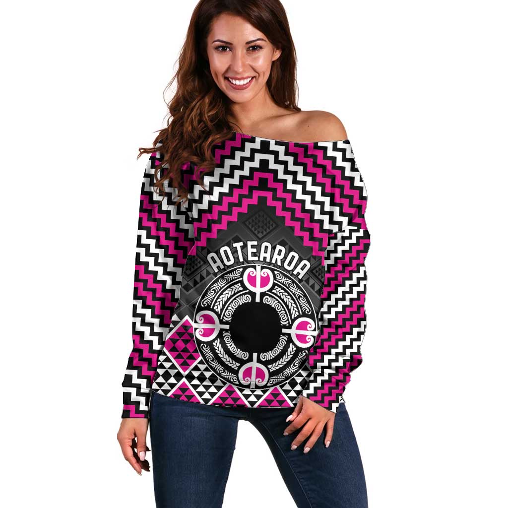 Personalised Aotearoa Niho Taniwha Motif Off Shoulder Sweater Pink Style