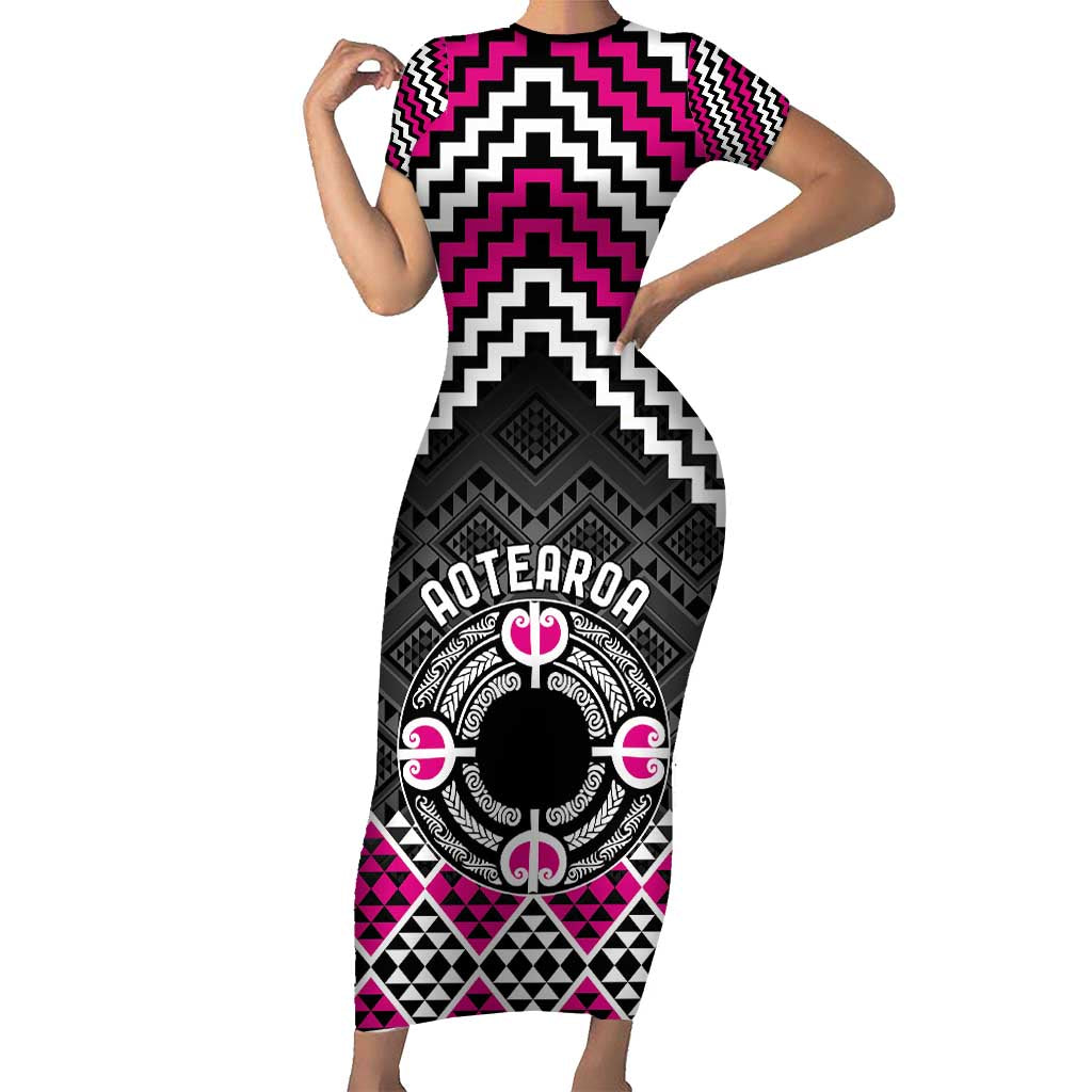 Personalised Aotearoa Niho Taniwha Motif Short Sleeve Bodycon Dress Pink Style