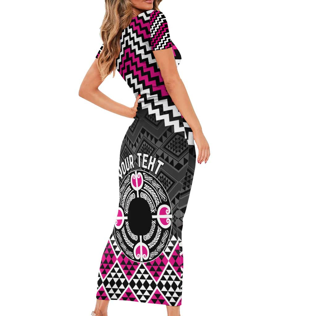 Personalised Aotearoa Niho Taniwha Motif Short Sleeve Bodycon Dress Pink Style