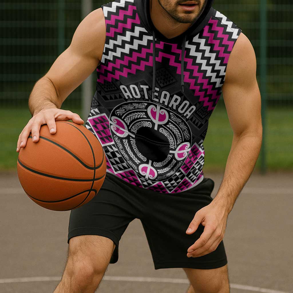 Personalised Aotearoa Niho Taniwha Motif Sleeveless Hoodie Pink Style - Polynesian Pride