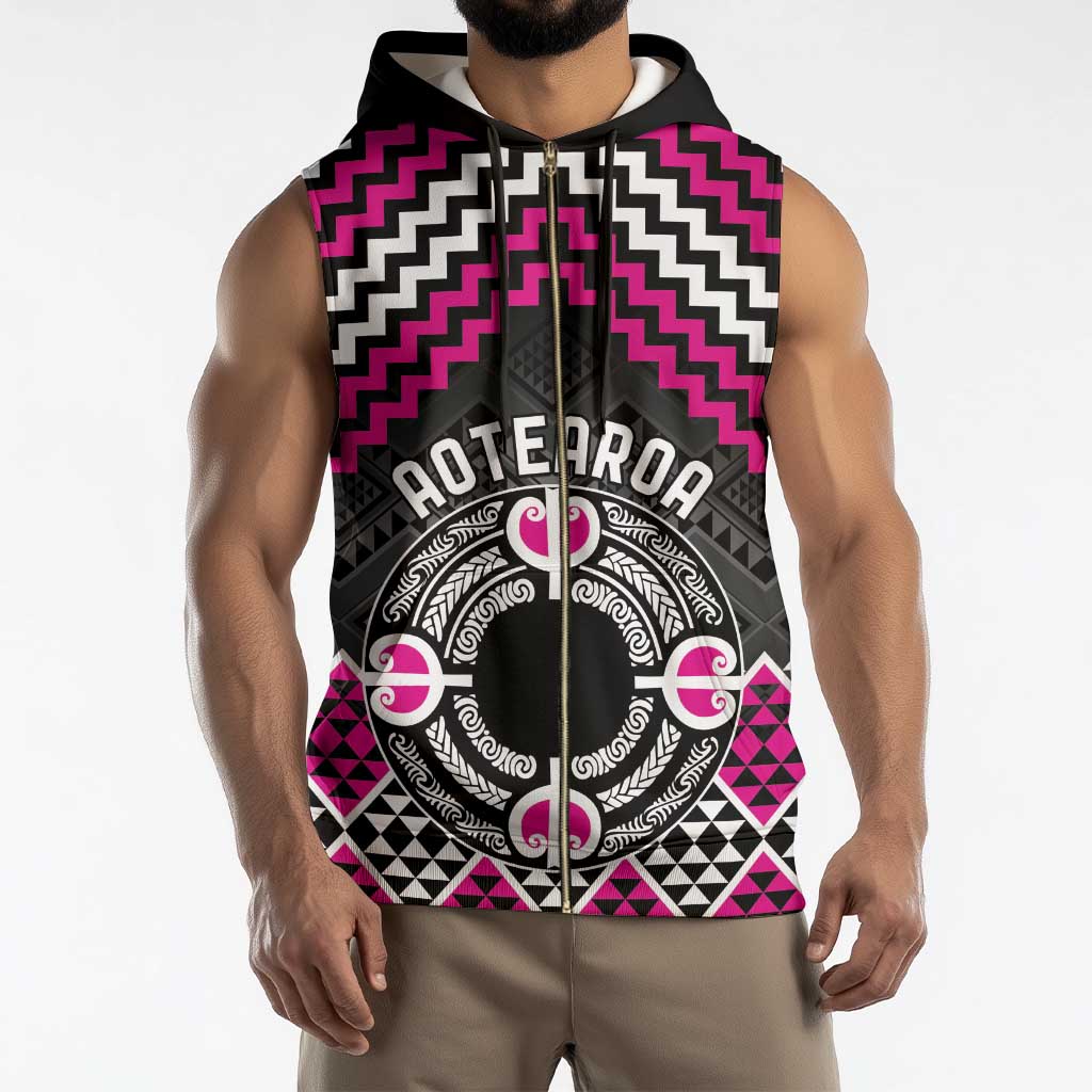 Personalised Aotearoa Niho Taniwha Motif Sleeveless Zip Hoodie Pink Style - Polynesian Pride