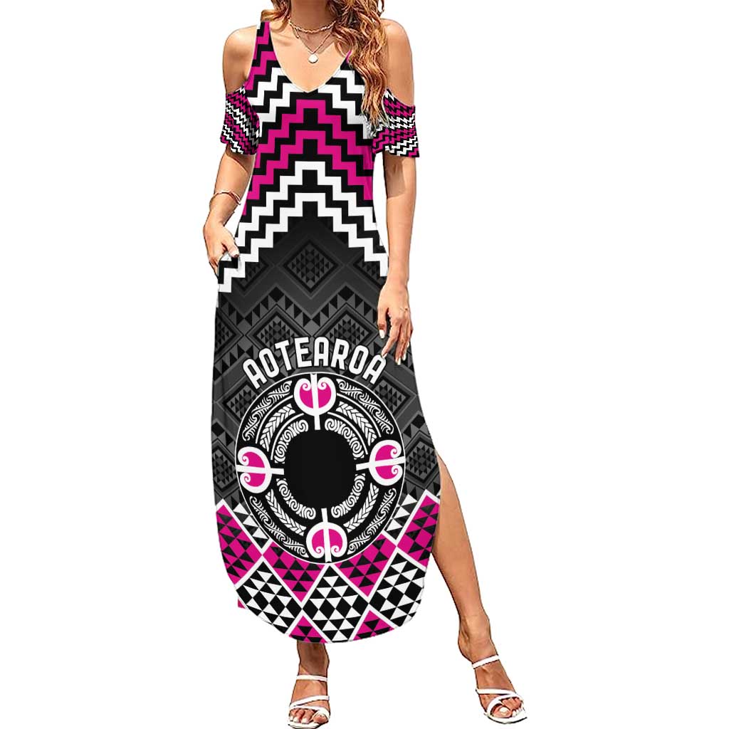 Personalised Aotearoa Niho Taniwha Motif Summer Maxi Dress Pink Style