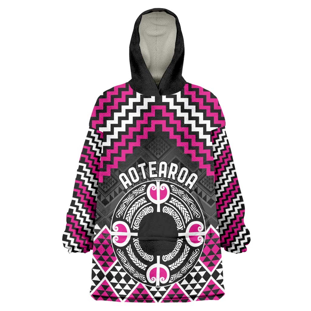 Personalised Aotearoa Niho Taniwha Motif Wearable Blanket Hoodie Pink Style