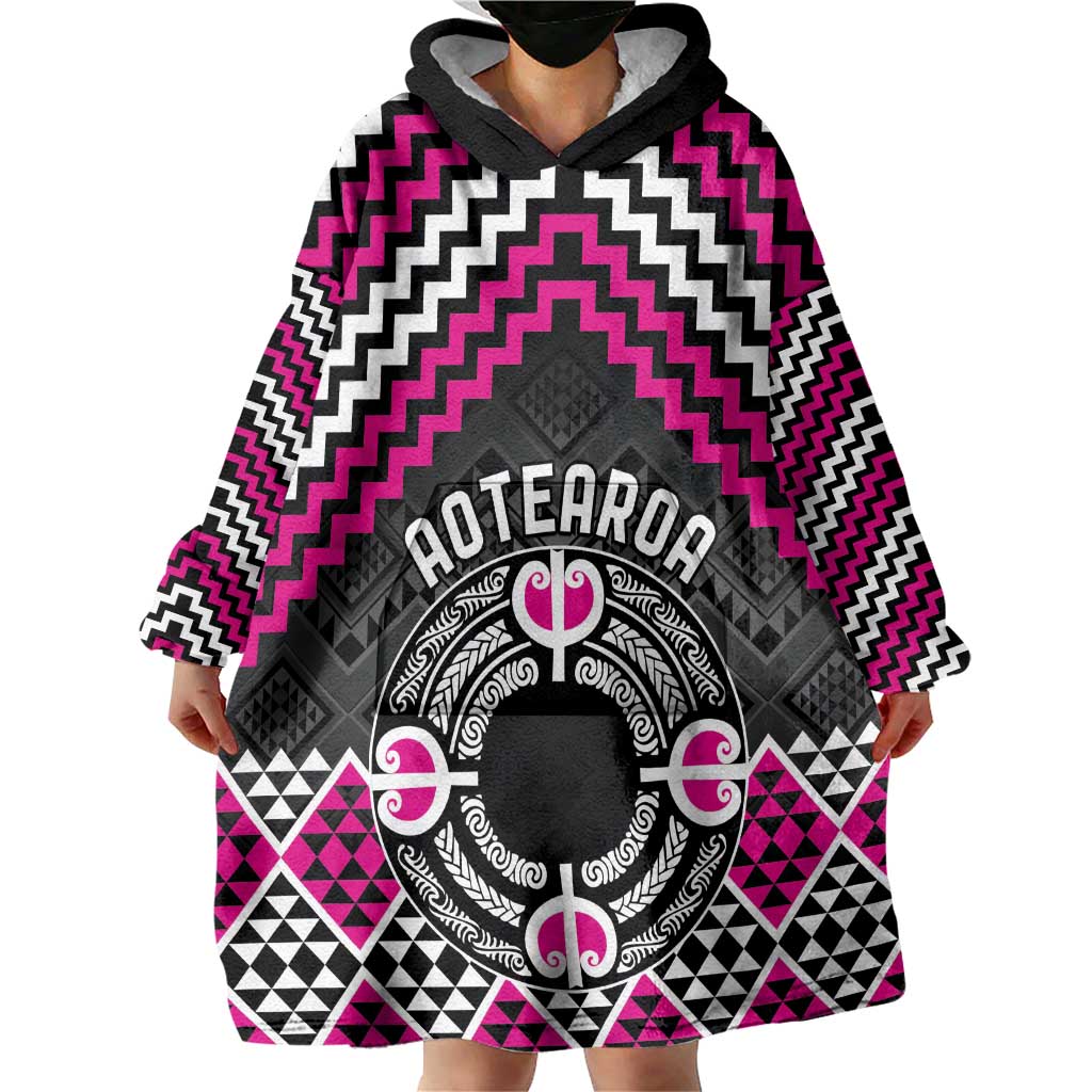 Personalised Aotearoa Niho Taniwha Motif Wearable Blanket Hoodie Pink Style