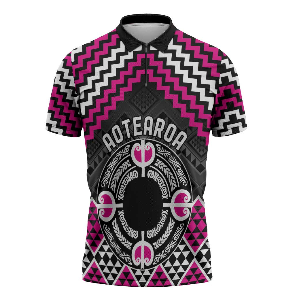 Personalised Aotearoa Niho Taniwha Motif Zipper Polo Shirt Pink Style - Polynesian Pride