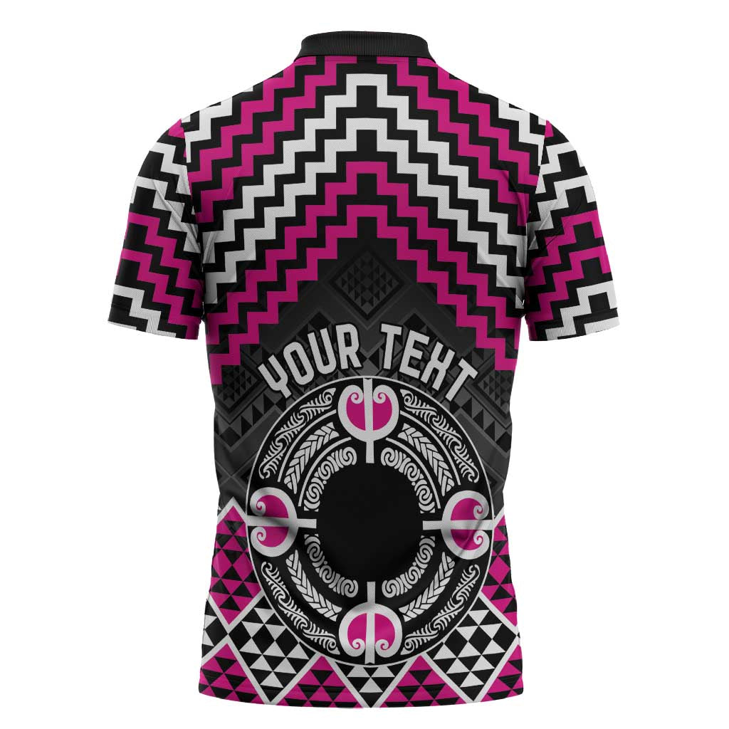 Personalised Aotearoa Niho Taniwha Motif Zipper Polo Shirt Pink Style - Polynesian Pride