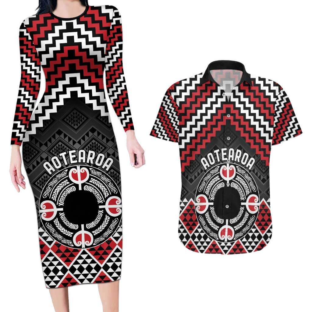 Personalised Aotearoa Niho Taniwha Motif Couples Matching Long Sleeve Bodycon Dress and Hawaiian Shirt Red Style