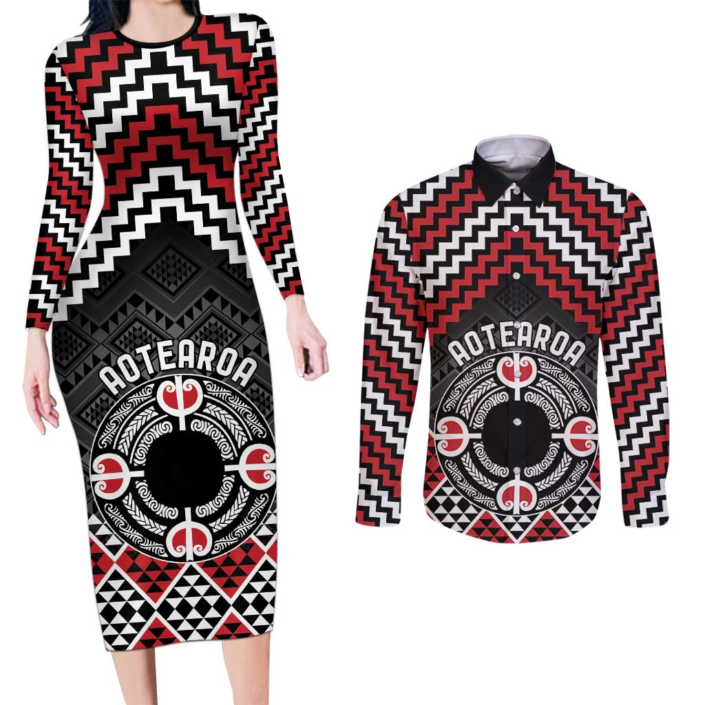 Personalised Aotearoa Niho Taniwha Motif Couples Matching Long Sleeve Bodycon Dress and Long Sleeve Button Shirt Red Style