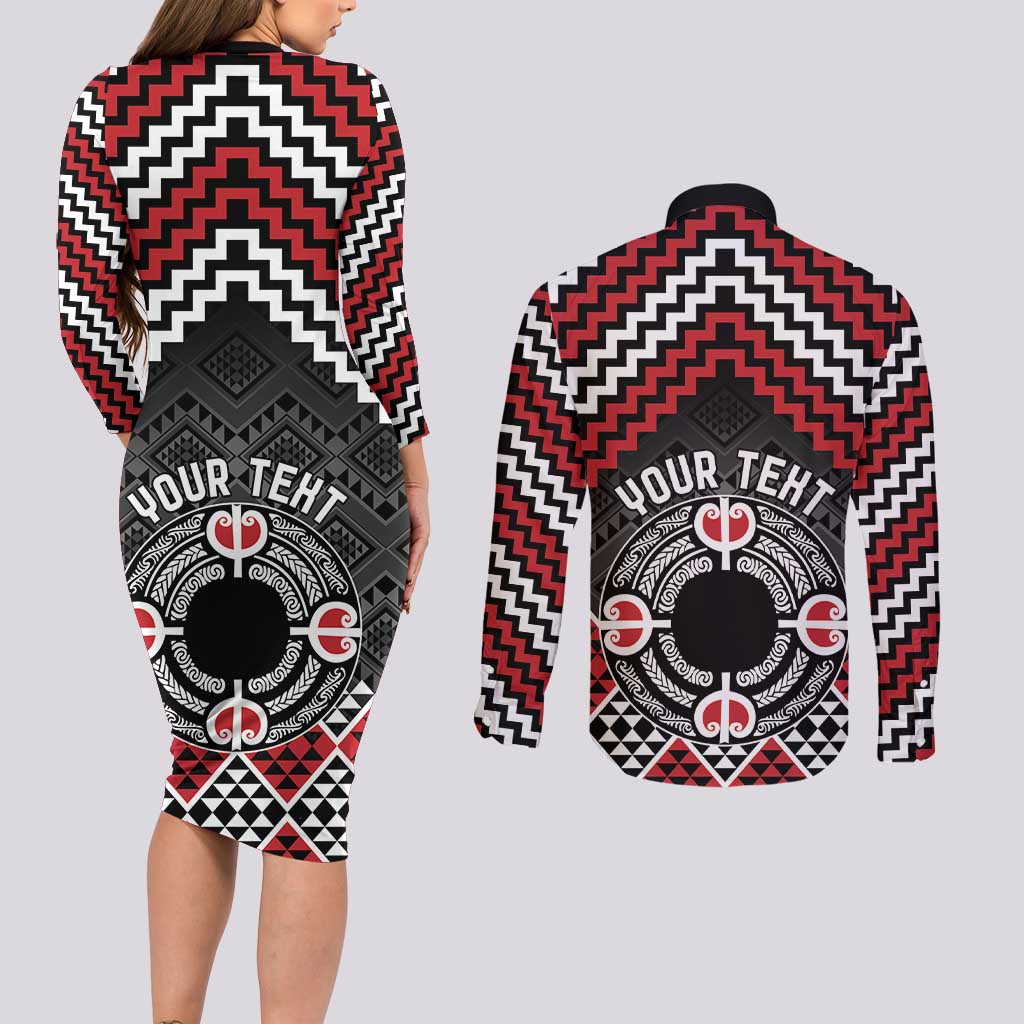 Personalised Aotearoa Niho Taniwha Motif Couples Matching Long Sleeve Bodycon Dress and Long Sleeve Button Shirt Red Style