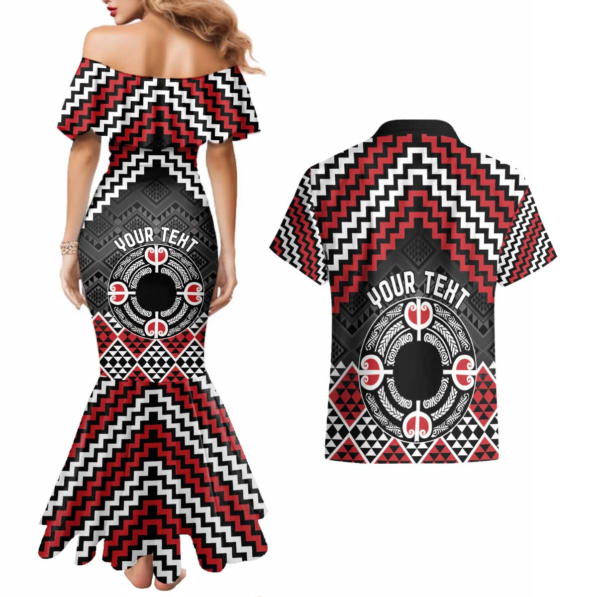 Personalised Aotearoa Niho Taniwha Motif Couples Matching Mermaid Dress and Hawaiian Shirt Red Style